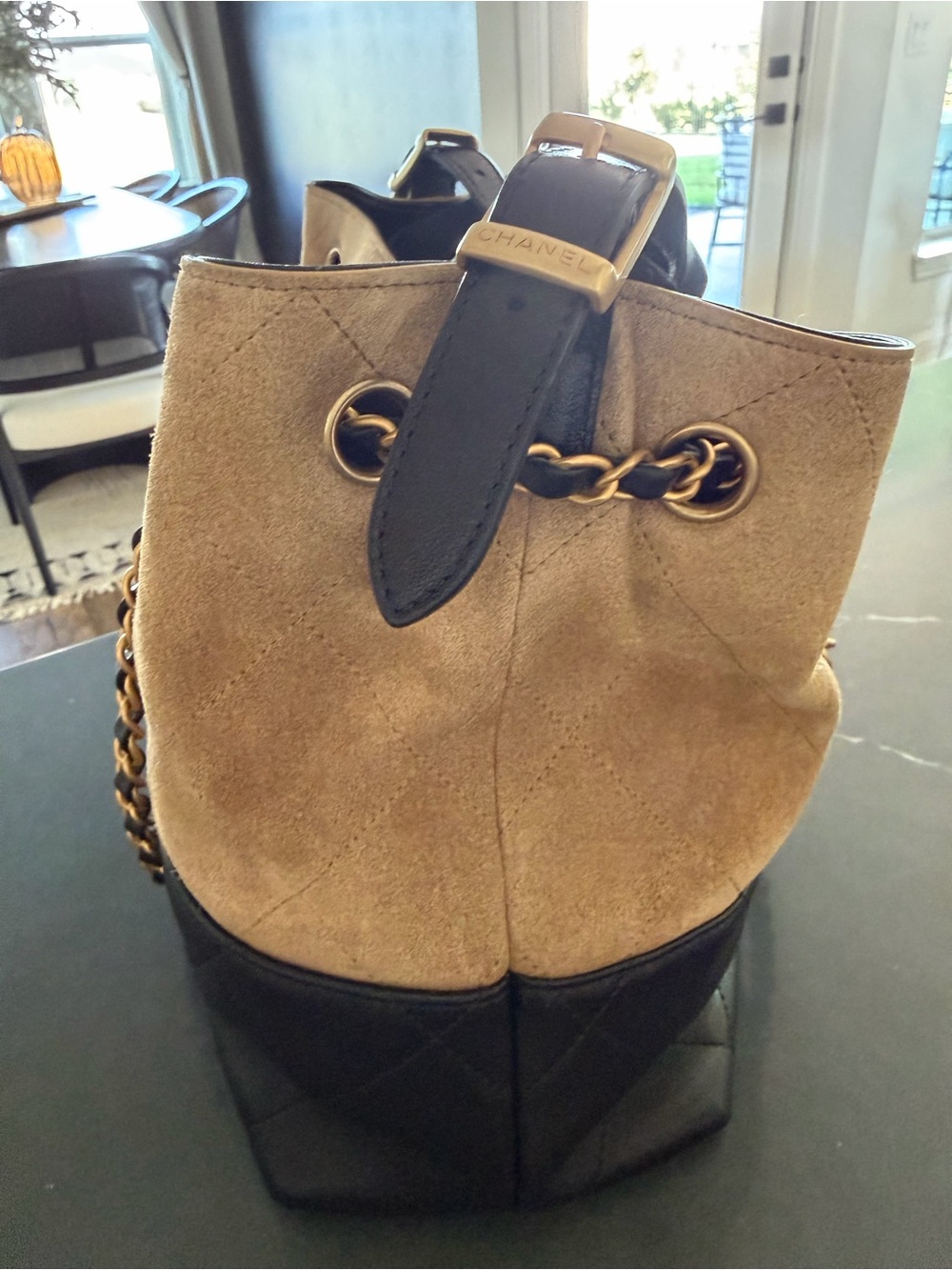Chanel Two-Tone Suede & Leather Shoulder Bag in Beige and Black - Picture 6 of 16
